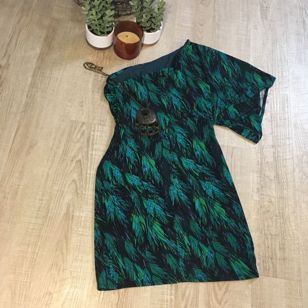 One sleeved peacock dress with necklace included.